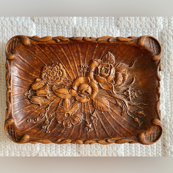 Vintage Resin Faux Wood Carved Floral Dish - Picture 1 of 10